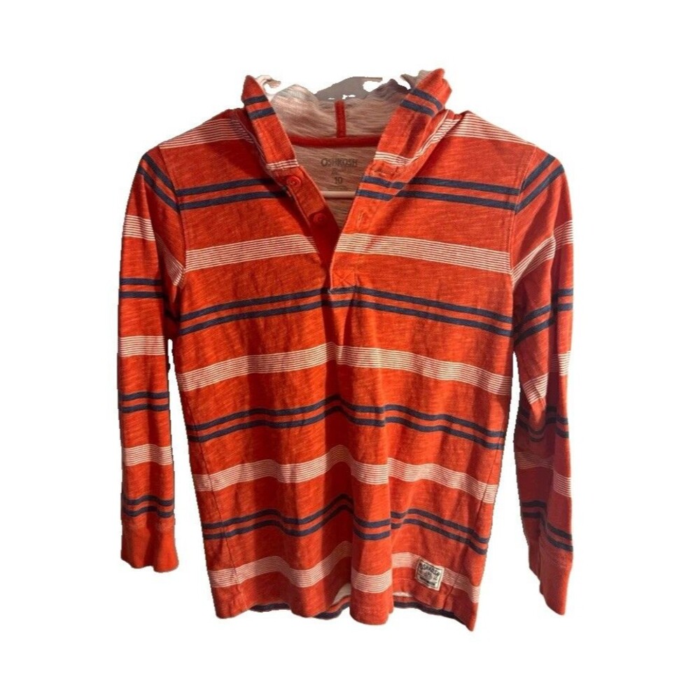 OshKosh B'gosh Boys 10 Red/Blue/White Striped Pullover T shirt Hoodie Logo